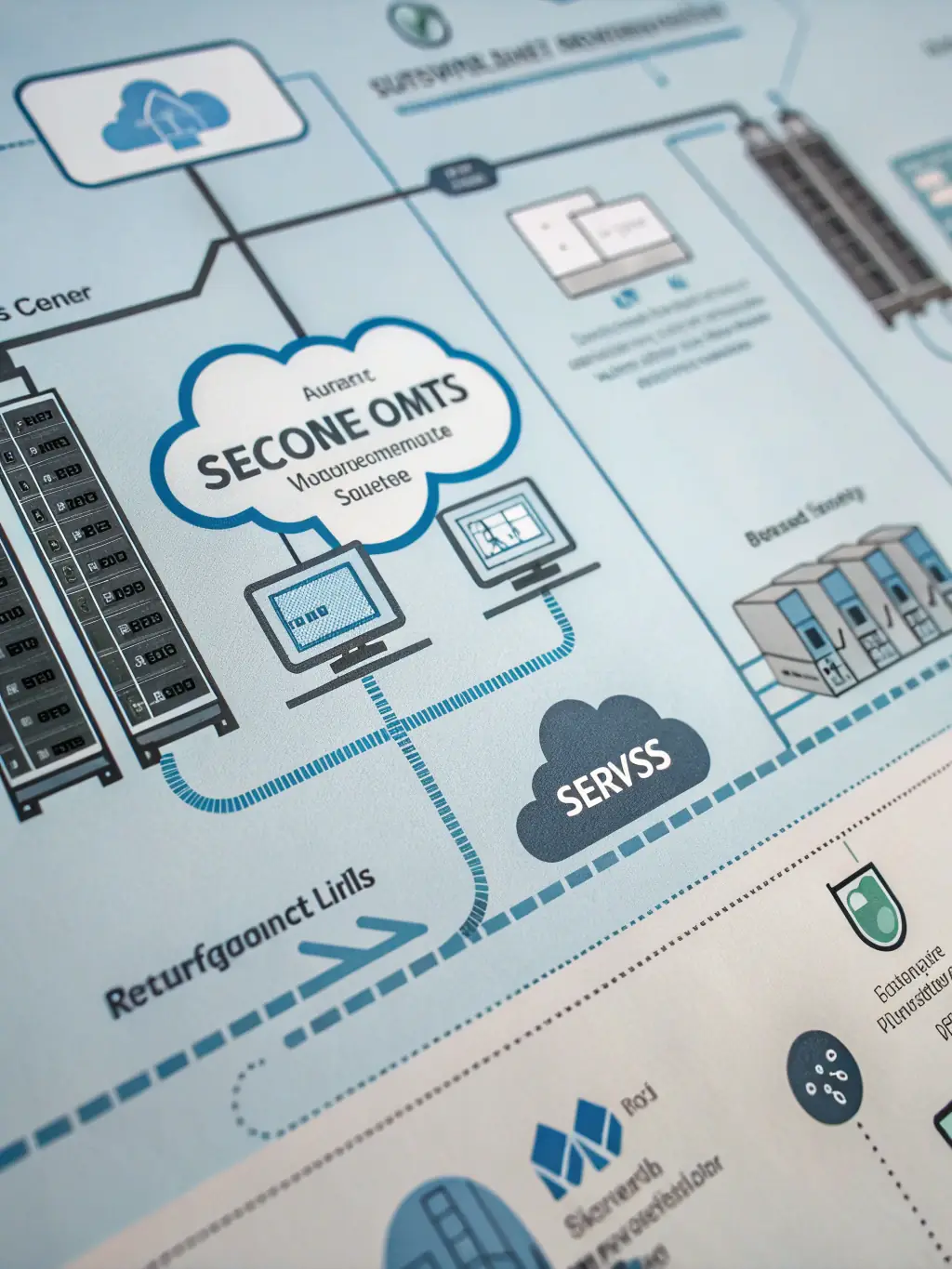 A robust backend architecture diagram, illustrating the scalability and reliability of Nexaops's backend solutions, with various server icons and data flow representations.