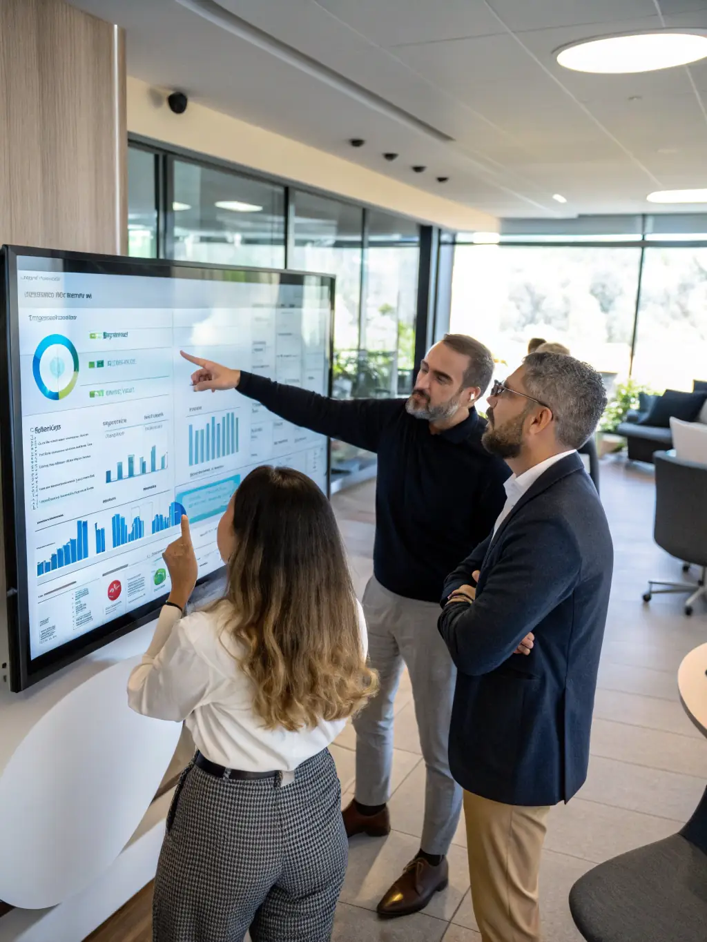 A professional support team assisting a client with their Microsoft Dynamics 365 application on a large screen, showcasing real-time data and problem-solving.
