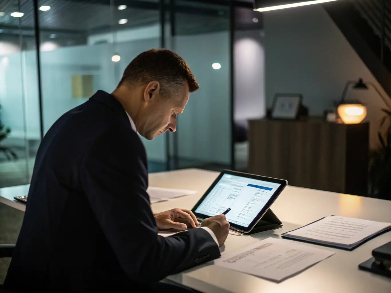 An image showing a compliance checklist on a tablet, with a professional reviewing security policies.