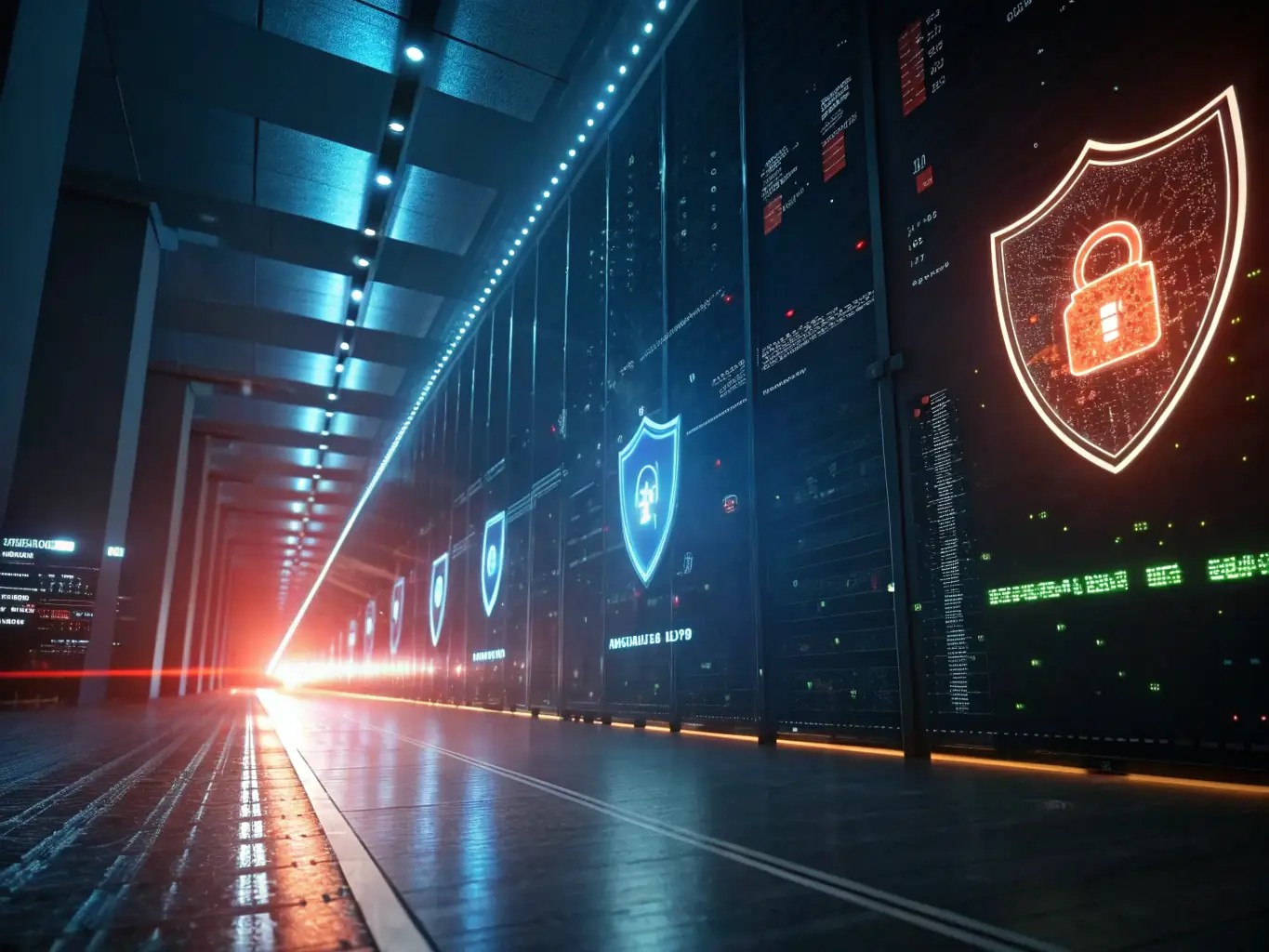 A digital illustration depicting a shield protecting a network of interconnected devices, symbolizing comprehensive cybersecurity protection.