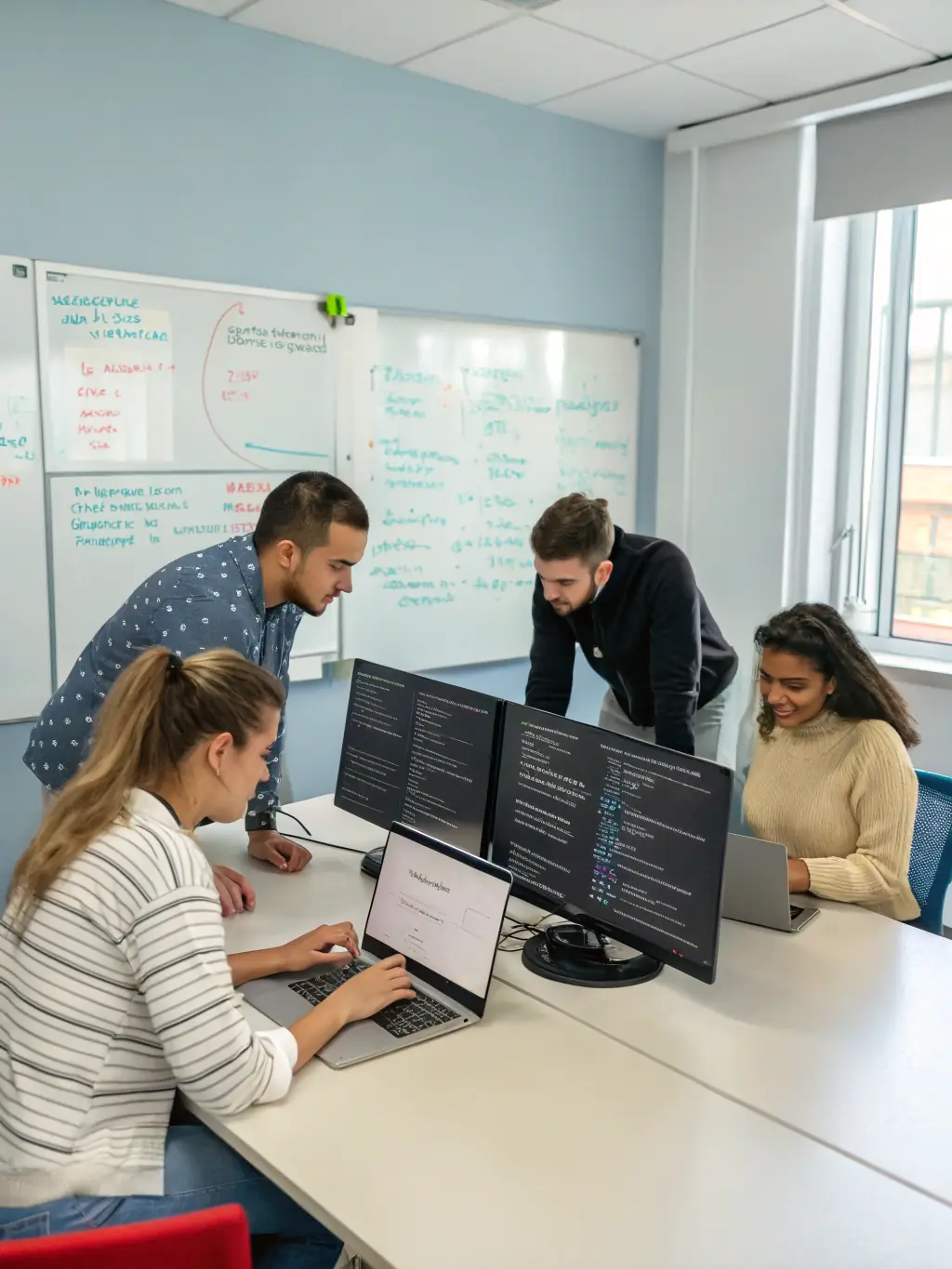 A team of software developers collaborating on a complex coding project, showcasing various lines of code and application interfaces on multiple screens, emphasizing the collaborative and technical nature of Nexaops's software development process.