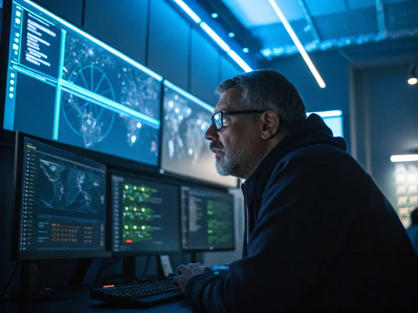 A security operations center (SOC) analyst reviewing threat intelligence data on multiple monitors, highlighting Nexaops's proactive threat detection capabilities.