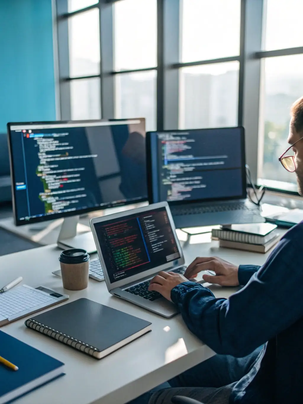 A developer working on infrastructure as code using Terraform, with a focus on the code and the automated deployment process.