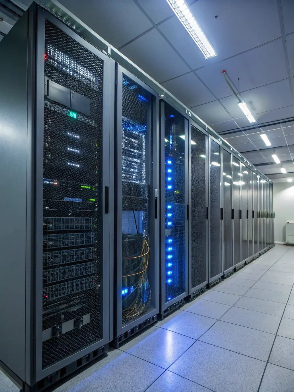 A professional photograph of a server room with blinking lights, symbolizing the infrastructure behind cloud computing, used to represent Nexaops' cloud solutions.