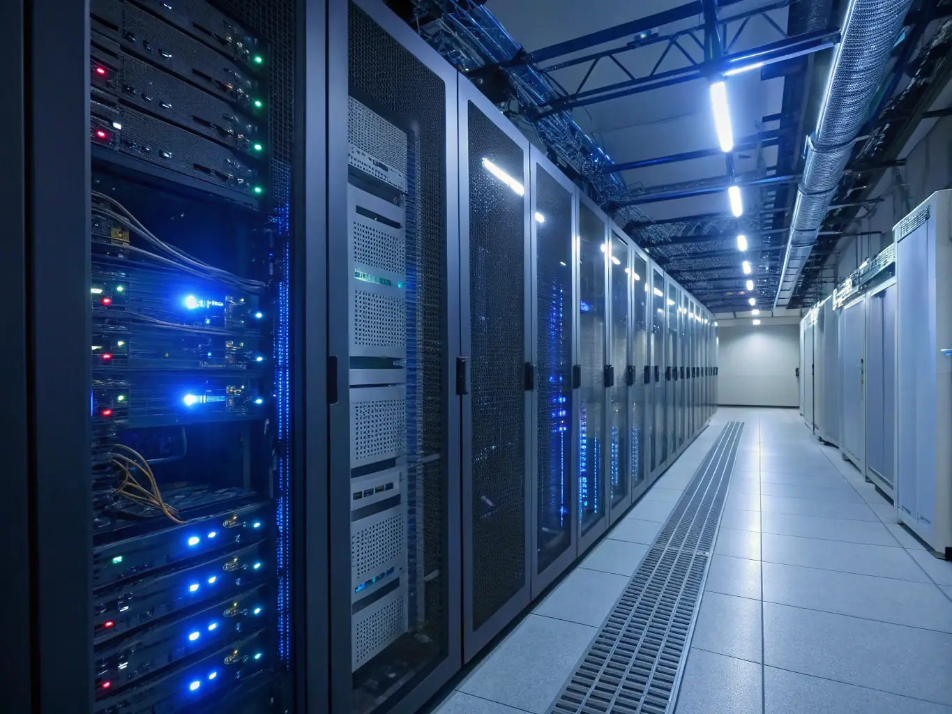 An image of a server room with glowing network cables, symbolizing Nexaops's commitment to securing on-premises infrastructure.