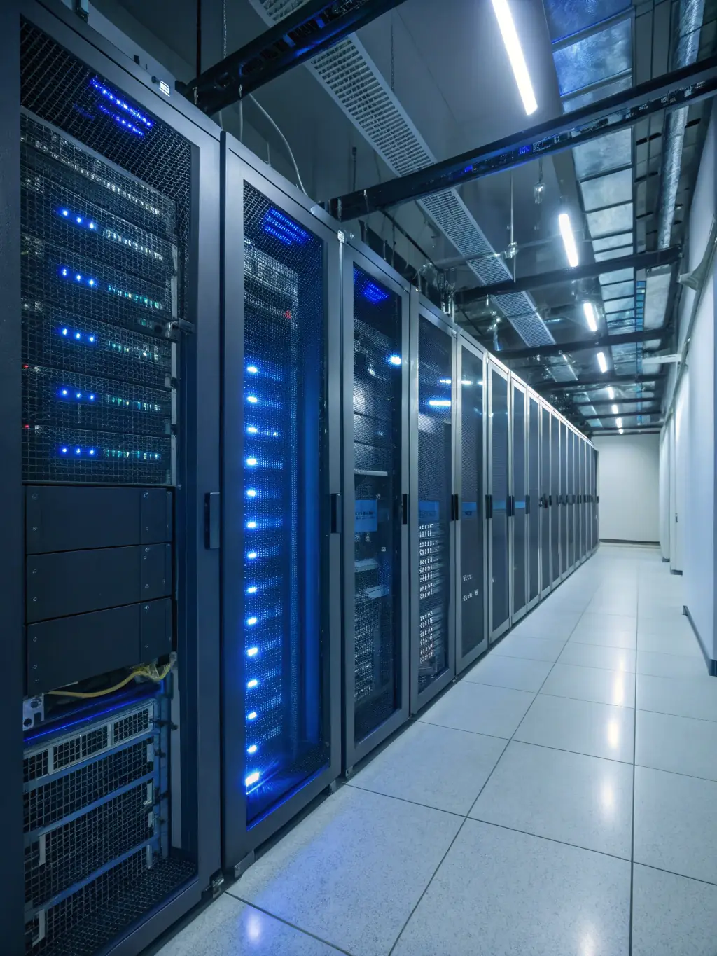 A server rack with Kubernetes logos subtly overlaid, representing the orchestration of containerized applications for scalability and resilience.